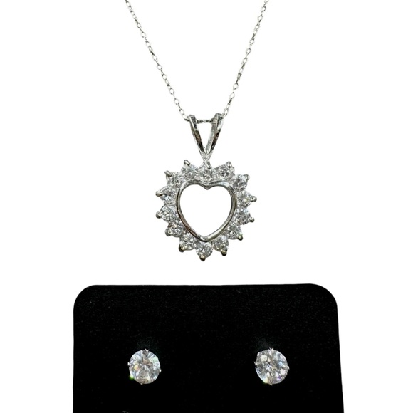 Jewelry - Sterling Silver Heart Pendant CZ Diamond Necklace Stud Earring Bundle 925 Italy
